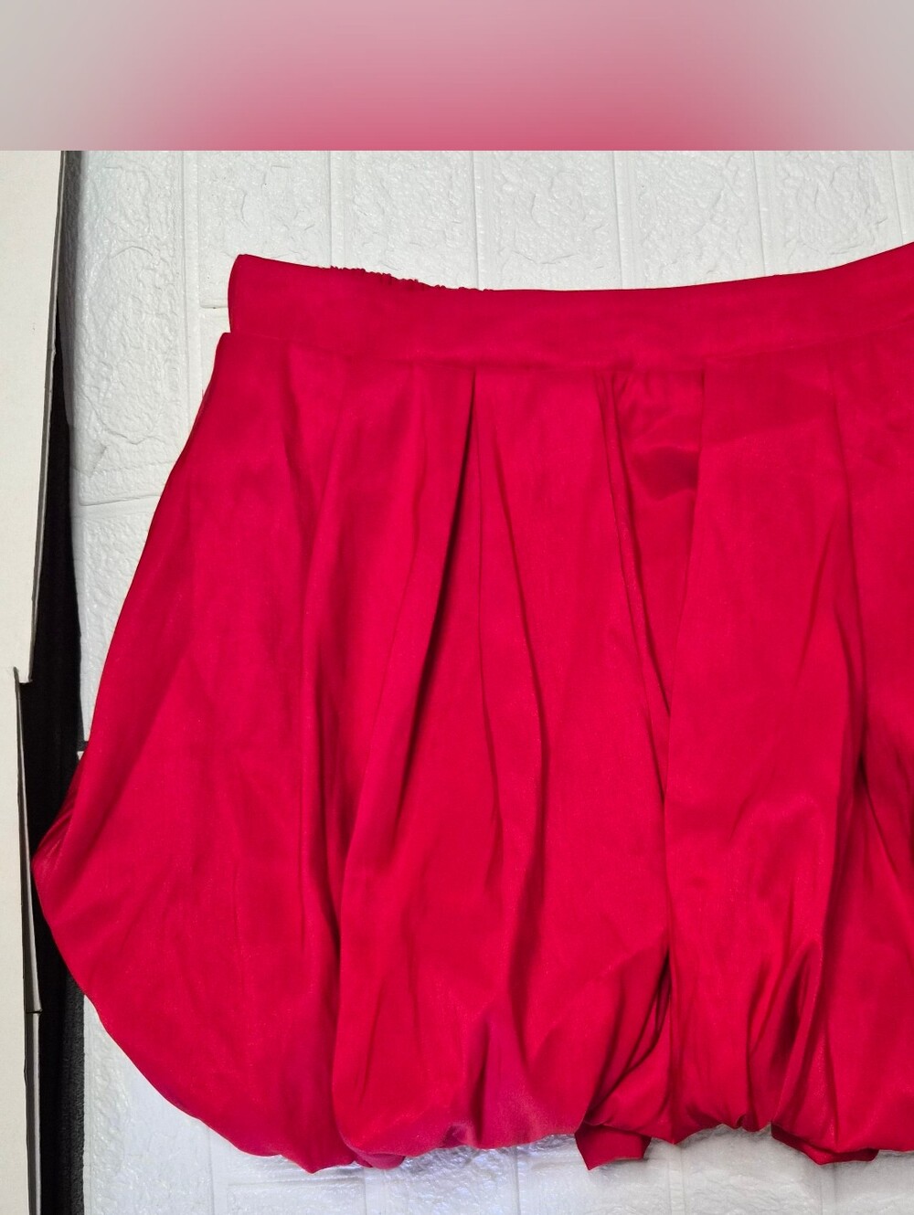 Red mini bubble skirt voluminous balloon hem pleated front Size M